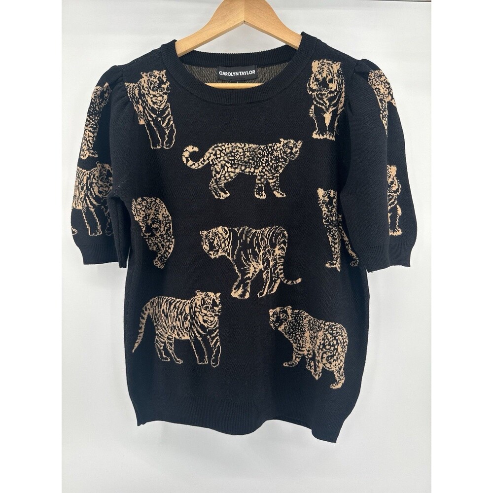 Carolyn Taylor Big Cat Club Knit Sweater Woman's Large Elbow Sleeve Crew Neck